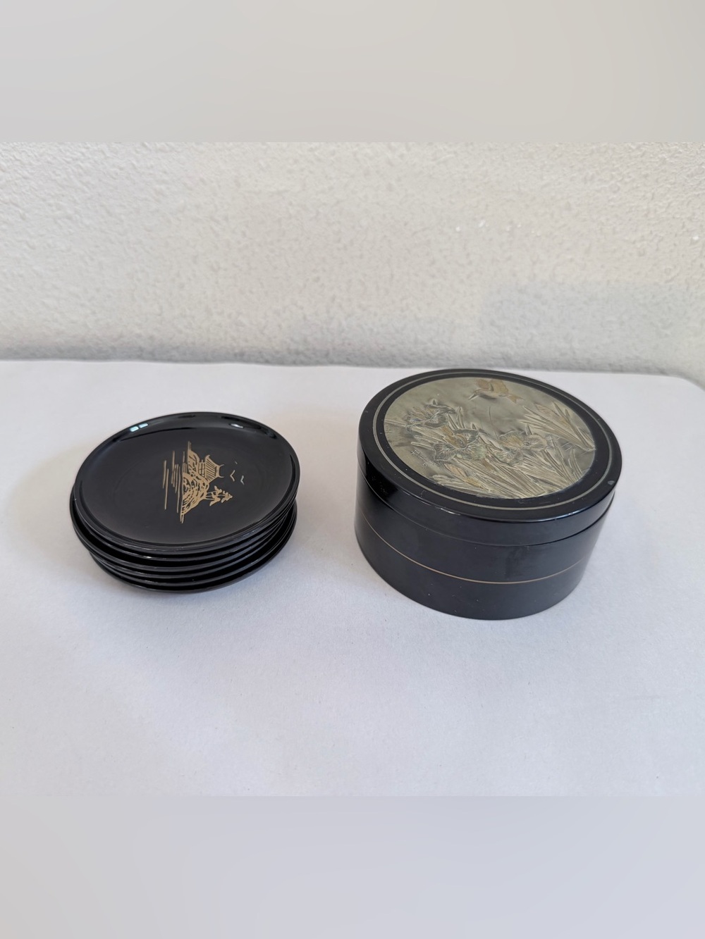 Vintage Japanese Black Lacquer Coaster Set 6 Gold Scenic Designs w/ Storage Box